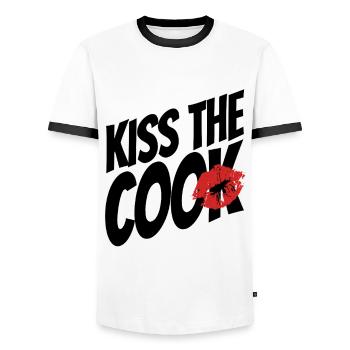 Kiss the cook - cock - pun - saying - Men's Ringer Shirt - white/black - Front - AI Model Female 172 light (172cm) & AI Model Male 178 dark (178cm)
