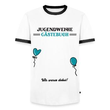 Jugendweihe Gästebuch Jugendfeier Erwachsenwerden - Männer Kontrast-T-Shirt - Weiß/Schwarz - Vorne - AI Model Female 172 light (172cm) & AI Model Male 178 dark (178cm)