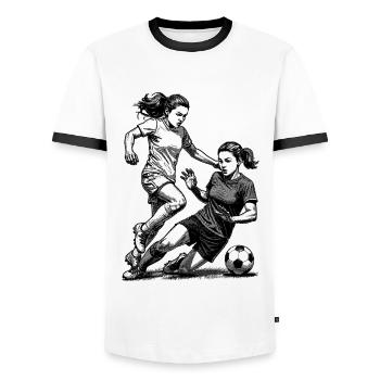 Duel on the pitch! Shirt for female footballers. - Men's Ringer Shirt - white/black - Front - AI Model Female 172 light (172cm) & AI Model Male 178 dark (178cm)