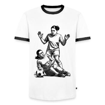 Faute au football ! Football féminin avec effort physique - T-shirt contrasté Homme - blanc/noir - Devant - AI Model Female 172 light (172cm) & AI Model Male 178 dark (178cm)