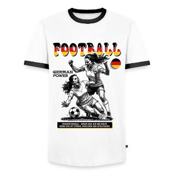 Frauenfußball Shirt Deutschland: Mut im Zweikampf - Männer Kontrast-T-Shirt - Weiß/Schwarz - Vorne - AI Model Female 172 light (172cm) & AI Model Male 178 dark (178cm)