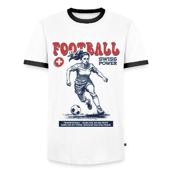 Schweizer Fußballspielerin Shirt: Technik im Spiel - Männer Kontrast-T-Shirt - Weiß/Schwarz - Vorne - AI Model Female 172 light (172cm) & AI Model Male 178 dark (178cm)