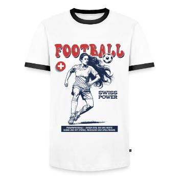 Suisse Fußballspielerin Shirt: Foulspiel mit Stil - Männer Kontrast-T-Shirt - Weiß/Schwarz - Vorne - AI Model Female 172 light (172cm) & AI Model Male 178 dark (178cm)