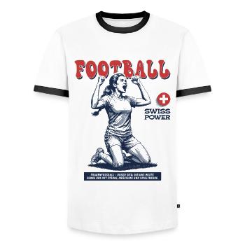 Swiss Fußballspielerin Shirt: Schuss zum Sieg - Männer Kontrast-T-Shirt - Weiß/Schwarz - Vorne - AI Model Female 172 light (172cm) & AI Model Male 178 dark (178cm)