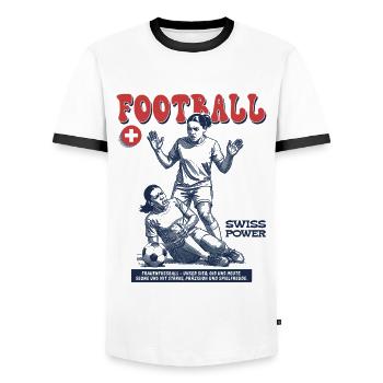 Dynamisme à l’état pur : Maillot de footballeur suisse - T-shirt contrasté Homme - blanc/noir - Devant - AI Model Female 172 light (172cm) & AI Model Male 178 dark (178cm)