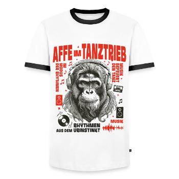 Primat Modus Shirt: Sounddrang im Lockenfell - Männer Kontrast-T-Shirt - Weiß/Schwarz - Vorne - AI Model Female 172 light (172cm) & AI Model Male 178 dark (178cm)