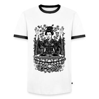 Festival Shirt with Geisha: In the Beat of Harmony - Men's Ringer Shirt - white/black - Front - AI Model Female 172 light (172cm) & AI Model Male 178 dark (178cm)