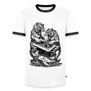 Tiger DJ Shirt: Festival Vibes am Techno Mischpult - Männer Kontrast-T-Shirt - Weiß/Schwarz - Vorne - AI Model Female 172 light (172cm) & AI Model Male 178 dark (178cm)