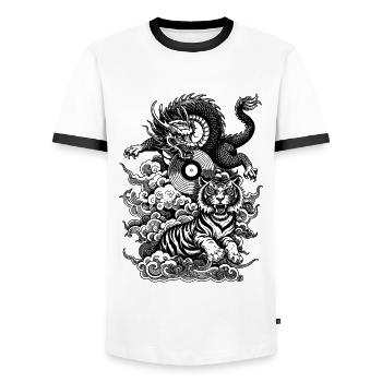 Urban Shirt: Tiger & Dragon in a Techno Mix - Men's Ringer Shirt - white/black - Front - AI Model Female 172 light (172cm) & AI Model Male 178 dark (178cm)