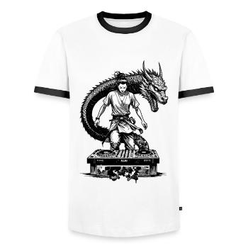 Samurai Shirt: Manga DJ with mixer and dragon - Men's Ringer Shirt - white/black - Front - AI Model Female 172 light (172cm) & AI Model Male 178 dark (178cm)