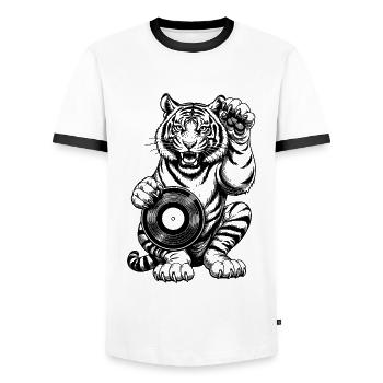 Musik Comic Shirt: Tiger Pfote auf Schallplatte - Männer Kontrast-T-Shirt - Weiß/Schwarz - Vorne - AI Model Female 172 light (172cm) & AI Model Male 178 dark (178cm)