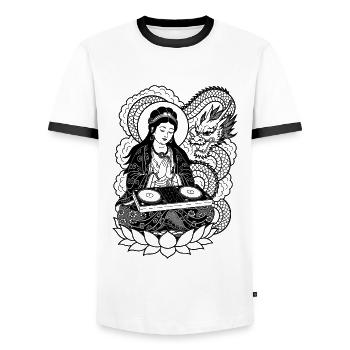 Geisha Shirt mit DJ-Pult: Meditation im Techno - Männer Kontrast-T-Shirt - Weiß/Schwarz - Vorne - AI Model Female 172 light (172cm) & AI Model Male 178 dark (178cm)