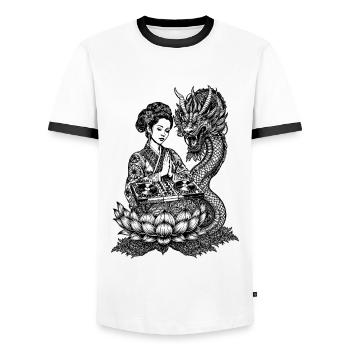 Geisha Festival Shirt: Drachen trifft DJ Magie - Männer Kontrast-T-Shirt - Weiß/Schwarz - Vorne - AI Model Female 172 light (172cm) & AI Model Male 178 dark (178cm)