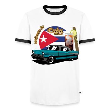 Cuba Cigare Voiture Rhum Libre Havana Souvenir rétro - T-shirt contrasté Homme - blanc/noir - Devant - AI Model Female 172 light (172cm) & AI Model Male 178 dark (178cm)