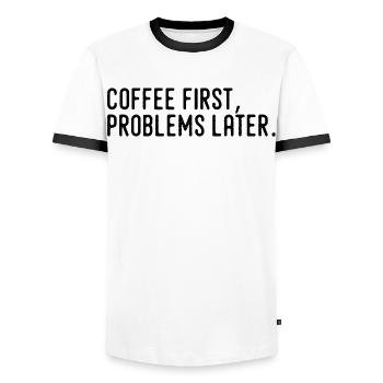 Kaffee erst Probleme später - Männer Kontrast-T-Shirt - Weiß/Schwarz - Vorne - AI Model Female 172 light (172cm) & AI Model Male 178 dark (178cm)