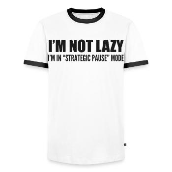 I'm not lazy i'm in 'strategic pause' mode - Men's Ringer Shirt - white/black - Front - AI Model Female 172 light (172cm) & AI Model Male 178 dark (178cm)