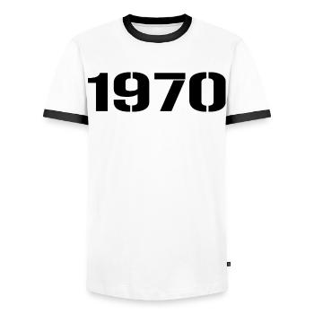 Millésime 1970 - T-shirt contrasté Homme - blanc/noir - Devant - AI Model Female 172 light (172cm) & AI Model Male 178 dark (178cm)
