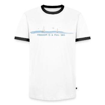 Freedom Is a Full Sail – Sailing Watercolor - Men's Ringer Shirt - white/black - Front - AI Model Female 172 light (172cm) & AI Model Male 178 dark (178cm)