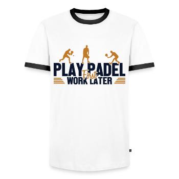 Play Padel Work Later Paddleball Paddle Tennis - Männer Kontrast-T-Shirt - Weiß/Schwarz - Vorne - AI Model Female 172 light (172cm) & AI Model Male 178 dark (178cm)