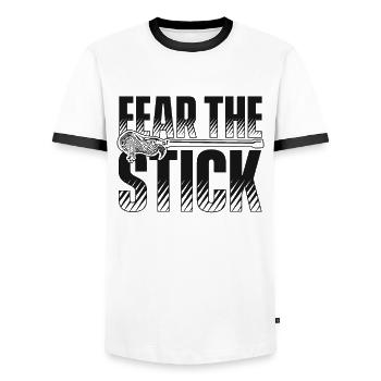 Fear The Stick Intercrosse Lax Spieler Polocrosse - Männer Kontrast-T-Shirt - Weiß/Schwarz - Vorne - AI Model Female 172 light (172cm) & AI Model Male 178 dark (178cm)