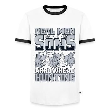 Real Men Take Their Sons Arrowhead Collecting - Men's Ringer Shirt - white/black - Front - AI Model Female 172 light (172cm) & AI Model Male 178 dark (178cm)