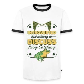 Introverted But Willing To Discuss Frog Catching - Men's Ringer Shirt - white/black - Front - AI Model Female 172 light (172cm) & AI Model Male 178 dark (178cm)