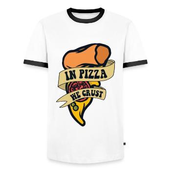 In Pizza We Crust Pizzaofen Pizza Pizzablech - Männer Kontrast-T-Shirt - Weiß/Schwarz - Vorne - AI Model Female 172 light (172cm) & AI Model Male 178 dark (178cm)