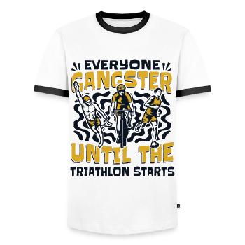 Everyone Gangster Until The Start Training Profi - Men's Ringer Shirt - white/black - Front - AI Model Female 172 light (172cm) & AI Model Male 178 dark (178cm)