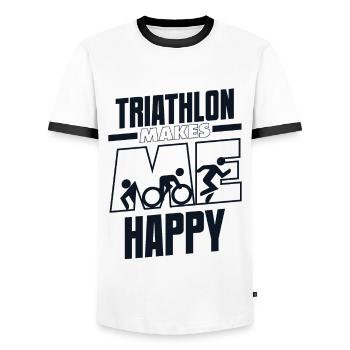 Triathlon Makes Me Happy Training Triathlon Bike - Men's Ringer Shirt - white/black - Front - AI Model Female 172 light (172cm) & AI Model Male 178 dark (178cm)