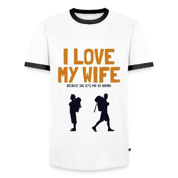 I love my Wife Hiking Mountain Hiking Hiking Trekking - Men's Ringer Shirt - white/black - Front - AI Model Female 172 light (172cm) & AI Model Male 178 dark (178cm)