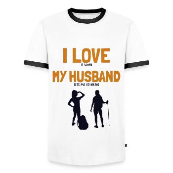I love my Husband Hiking Trekking Mountain Hiking - Men's Ringer Shirt - white/black - Front - AI Model Female 172 light (172cm) & AI Model Male 178 dark (178cm)