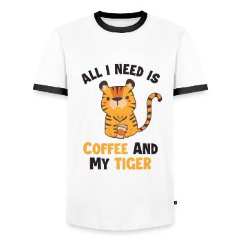 Coffee and my Tiger King Tiger Wildcat - Men's Ringer Shirt - white/black - Front - AI Model Female 172 light (172cm) & AI Model Male 178 dark (178cm)