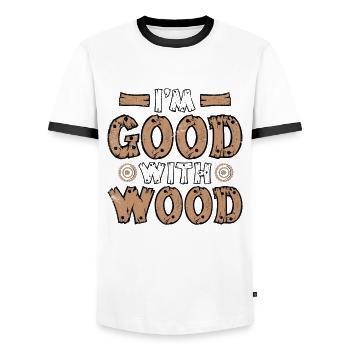 I'm Good With Wood Carpenter Wood Technician - Men's Ringer Shirt - white/black - Front - AI Model Female 172 light (172cm) & AI Model Male 178 dark (178cm)