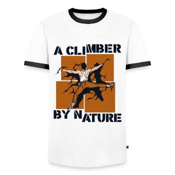 A Climber By Nature Bouldering Sport Climbing - Men's Ringer Shirt - white/black - Front - AI Model Female 172 light (172cm) & AI Model Male 178 dark (178cm)