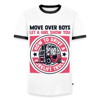 Let A Girl Show You How To Drive Telehandler - Men's Ringer Shirt - white/black - Front - AI Model Female 172 light (172cm) & AI Model Male 178 dark (178cm)
