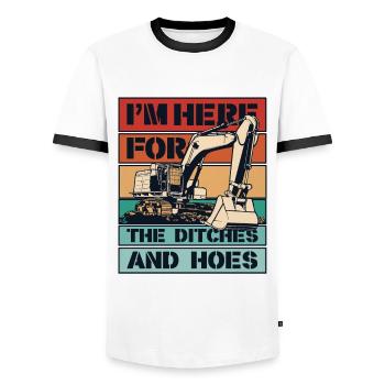 I'm Here For The Ditches And Hoes Duty Cycle Crawler Crane - Men's Ringer Shirt - white/black - Front - AI Model Female 172 light (172cm) & AI Model Male 178 dark (178cm)