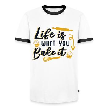 Life Is What You Bake It Bakery Confectioner Baker - Men's Ringer Shirt - white/black - Front - AI Model Female 172 light (172cm) & AI Model Male 178 dark (178cm)