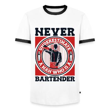 Ne sous-estimez jamais un homme qui est barman - T-shirt contrasté Homme - blanc/noir - Devant - AI Model Female 172 light (172cm) & AI Model Male 178 dark (178cm)