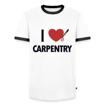 I love Carpentry, Carpenter, Wood Technician, Carpenter - Men's Ringer Shirt - white/black - Front - AI Model Female 172 light (172cm) & AI Model Male 178 dark (178cm)