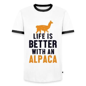 Life is Better with an Alpaca Lama Huacaya Pako - Men's Ringer Shirt - white/black - Front - AI Model Female 172 light (172cm) & AI Model Male 178 dark (178cm)