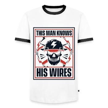 This Man Knows His Wires Electronics Technician - Men's Ringer Shirt - white/black - Front - AI Model Female 172 light (172cm) & AI Model Male 178 dark (178cm)