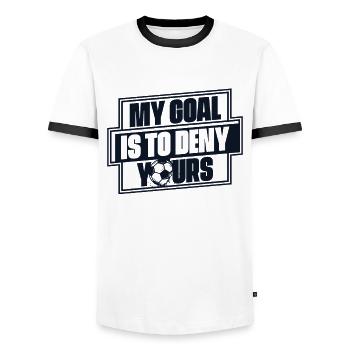 My Goal Is To Deny Yours Fußballspieler - Männer Kontrast-T-Shirt - Weiß/Schwarz - Vorne - AI Model Female 172 light (172cm) & AI Model Male 178 dark (178cm)