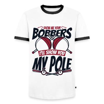 Montrez-moi vos bobbers pêche en haute mer pêcheur à la mouche - T-shirt contrasté Homme - blanc/noir - Devant - AI Model Female 172 light (172cm) & AI Model Male 178 dark (178cm)