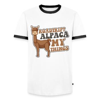 Roadtrip Alpaca My Things Pako Huacaya Lama Alpaka - Männer Kontrast-T-Shirt - Weiß/Schwarz - Vorne - AI Model Female 172 light (172cm) & AI Model Male 178 dark (178cm)