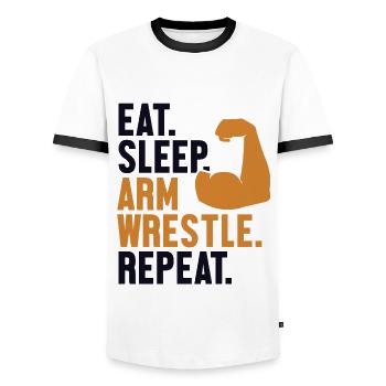 Manger Dormir Bras Lutter Répéter Exercice Entraîneur Bras - T-shirt contrasté Homme - blanc/noir - Devant - AI Model Female 172 light (172cm) & AI Model Male 178 dark (178cm)