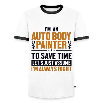 Karosserielackierer: Nehmen wir an, ich habe Recht, Fahrzeug - Männer Kontrast-T-Shirt - Weiß/Schwarz - Vorne - AI Model Female 172 light (172cm) & AI Model Male 178 dark (178cm)