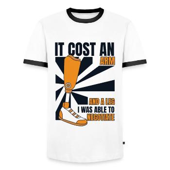 Es kostete einen Arm und eine Beinprothese Fußbenutzerbein - Männer Kontrast-T-Shirt - Weiß/Schwarz - Vorne - AI Model Female 172 light (172cm) & AI Model Male 178 dark (178cm)