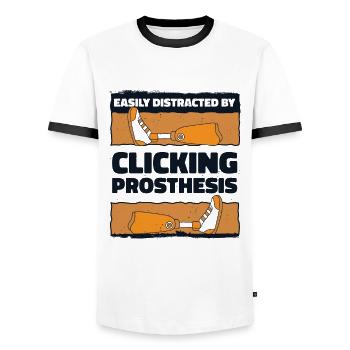 Leicht abgelenkt durch Klicken auf Prothesenbein - Männer Kontrast-T-Shirt - Weiß/Schwarz - Vorne - AI Model Female 172 light (172cm) & AI Model Male 178 dark (178cm)