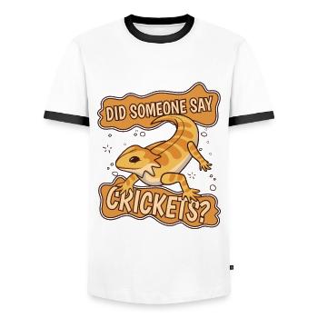 Quelqu’un a-t-il dit grillons Pogona lézard de compagnie - T-shirt contrasté Homme - blanc/noir - Devant - AI Model Female 172 light (172cm) & AI Model Male 178 dark (178cm)