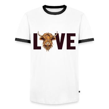 Love Highland Cow Highland Heifer Breeder - Men's Ringer Shirt - white/black - Front - AI Model Female 172 light (172cm) & AI Model Male 178 dark (178cm)